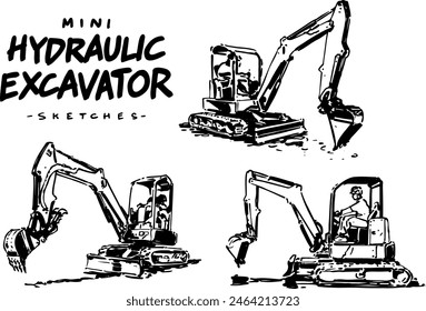 Mini Hydraulic Excavator. Black and White Hand Drawn Sketches. Vecor illustration