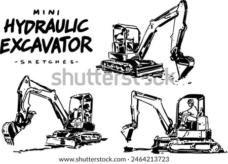 Mini Hydraulic Excavator. Black and White Hand Drawn Sketches. Vecor illustration