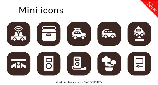 mini icon set. 10 filled mini icons.  Simple modern icons such as: Car, Portable fridge, Mp player, Bonsai