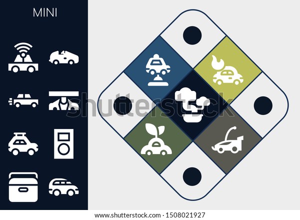 mini icon set. 13\
filled mini icons.  Simple modern icons about  - Bonsai, Portable\
fridge, Car, Mp player