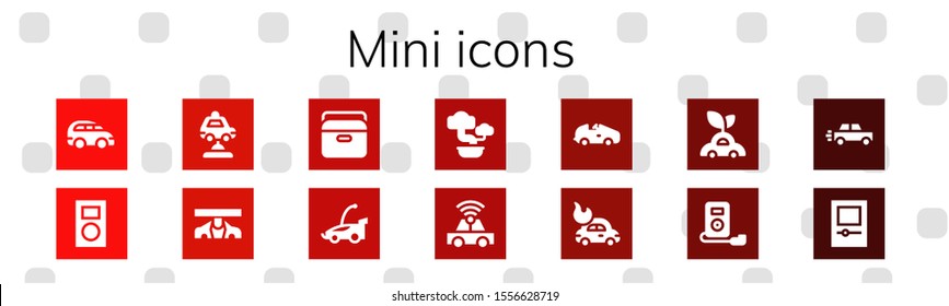 mini icon set. 14 filled mini icons.  Collection Of - Car, Mp player, Portable fridge, Bonsai icons