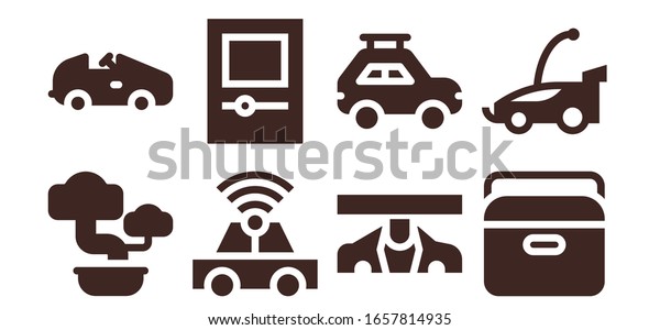mini icon set. 8\
filled mini icons.  Simple modern icons such as: Bonsai, Car, Mp\
player, Portable fridge