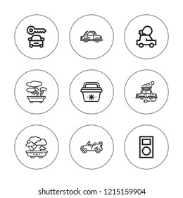 Mini icon set. collection of 9 outline mini icons with bonsai, car, mp player icons. editable icons.