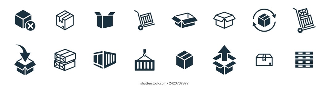 Mini icons set on white background. online delivery service business. Parcel container, packaging boxes, web design for applications.