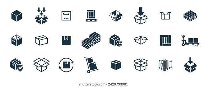 Mini icons set on white background. online delivery service business. Parcel container, packaging boxes, web design for applications.