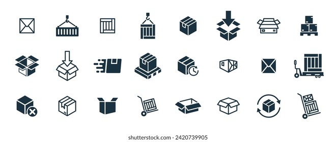 Mini icons set on white background. online delivery service business. Parcel container, packaging boxes, web design for applications.