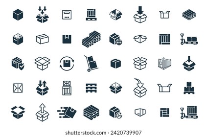 Mini-Symbole auf weißem Hintergrund. Online-Zustelldienst Paketcontainer, Verpackungskästen, Webdesign für Anwendungen.