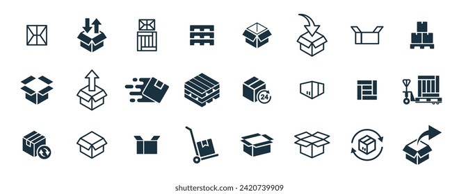 Mini icons set on white background. online delivery service business. Parcel container, packaging boxes, web design for applications.