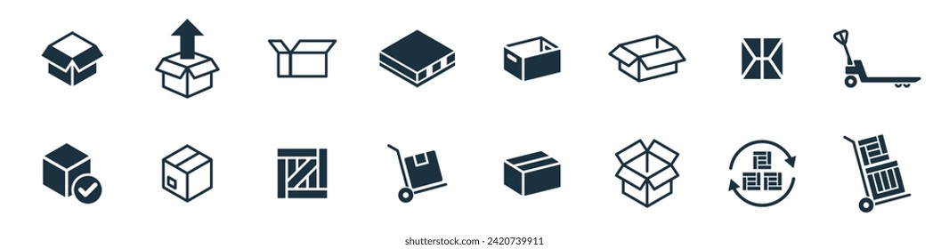 Mini-Symbole auf weißem Hintergrund. Online-Zustelldienst Paketcontainer, Verpackungskästen, Webdesign für Anwendungen.