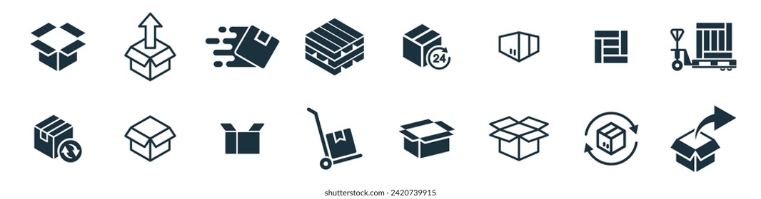 Mini-Symbole auf weißem Hintergrund. Online-Zustelldienst Paketcontainer, Verpackungskästen, Webdesign für Anwendungen.