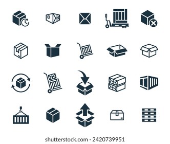 Mini icons set on white background. online delivery service business. Parcel container, packaging boxes, web design for applications.