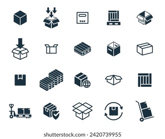 Mini iconos en fondo blanco. negocio de servicios de entrega en línea. Contenedor de paquetes, cajas de embalaje, diseño web para aplicaciones.