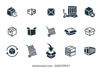 Mini icons set on white background. online delivery service business. Parcel container, packaging boxes, web design for applications.