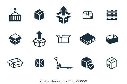 Mini icons set on white background. online delivery service business. Parcel container, packaging boxes, web design for applications.