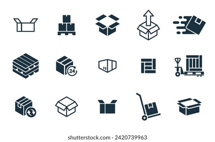 Mini icons set on white background. online delivery service business. Parcel container, packaging boxes, web design for applications.