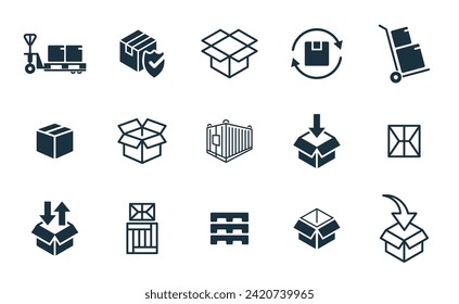 Mini-Symbole auf weißem Hintergrund. Online-Zustelldienst Paketcontainer, Verpackungskästen, Webdesign für Anwendungen.