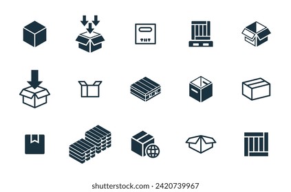 Mini icons set on white background. online delivery service business. Parcel container, packaging boxes, web design for applications.