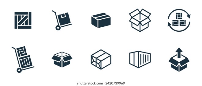 Mini icons set on white background. online delivery service business. Parcel container, packaging boxes, web design for applications.