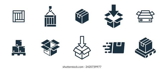 Mini icons set on white background. online delivery service business. Parcel container, packaging boxes, web design for applications.