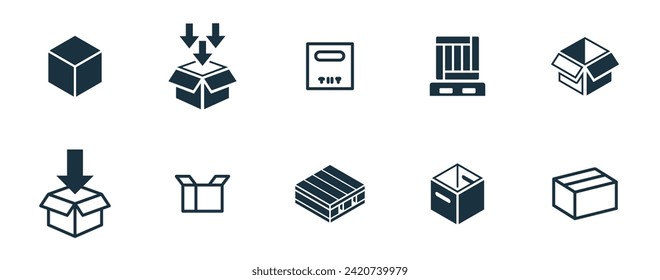 Mini iconos en fondo blanco. negocio de servicios de entrega en línea. Contenedor de paquetes, cajas de embalaje, diseño web para aplicaciones.