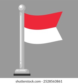 Mini Indonesian Flag with Flagpole, Waving on Gray Background, Icon or Symbol in Flat Style, Editable or Scalable Vector Illustration in EPS Format, for Graphic Design or Print Use