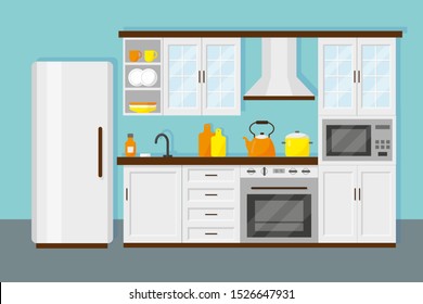 Mini Kitchen For Office And Home With Furniture, Refrigerator, Microwafe< Cook And Dishes. Blue Background. Vector Interior Illustration.