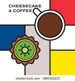Mini kiwi cheesecake with coffee cup. Modern style art with rectangular color blocks. Piet Mondrian style pattern.