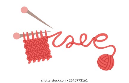 Mini knitted scarf with the word Love spelled out in thread. Handmade isolated theme. Cozy atmosphere. Flat color illustration. For websites about knitting, handicrafts, printed products, or hobby