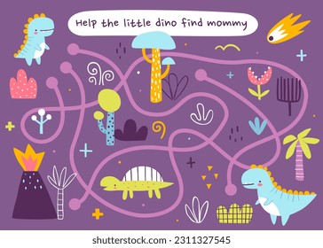 Mini labyrinth game with cute dinosaur mother and her baby dino. Jurassic maze with cartoon friendly tyrannosaurus for kids.