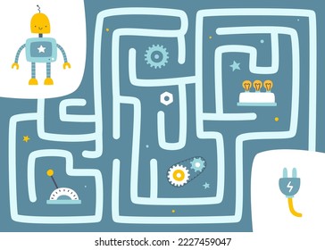 Mini labyrinth game with cute robot for children. Vector maze with cartoon robot for kids.