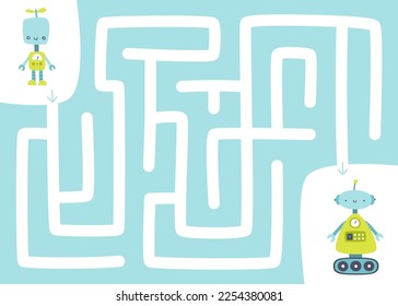Mini labyrinth game with cute robot  mother and her baby. Vector maze with cartoon friendly robots for kids.