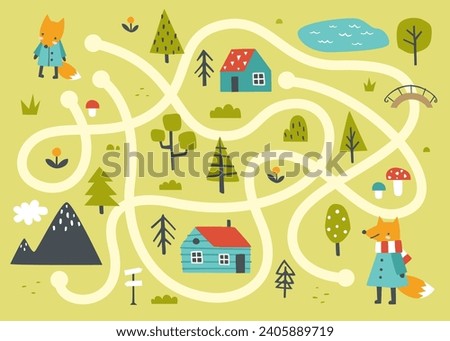 Mini labyrinth game with doodle foxes in the forest for children. Doodle maze with cute little fox for kids.