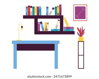 Mini Biblioteca con escritorio y lámpara de lectura, así como plantas ornamentales y accesorios de apoyo, Ilustración vectorial.