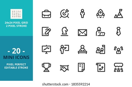 Mini line icons about business concepts. Contains such icons as businessman, success, strategy, mission and teamwork. Editable stroke. Vector - 24 pixel perfect grid.