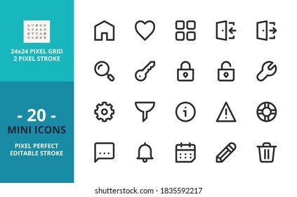 Mini line icons about interface. Contains such icons as home, lock, edit, delete, search, settings and calendar. Editable stroke. Vector - 24 pixel perfect grid.