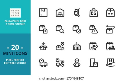 Mini line icons about shipping and delivery. Contains such icons as box, warehouse, packages, transportation, shipping tracking and delivery. Editable stroke. Vector - 24 pixel perfect grid.