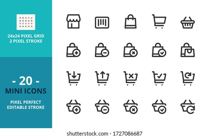 Mini line icons about shopping. Contains such icons as store, barcode, bags, shopping cart and basket. Shopping  management. Editable stroke. Vector - 24 pixel perfect grid.