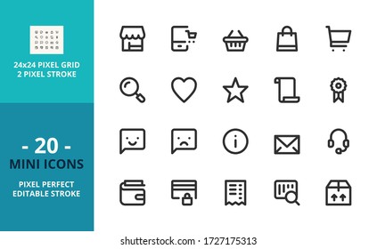 Mini line icons about shopping. Contains such icons as store, shopping cart, e-commerce, payment methods, customer feedback, contact and shipping. Editable stroke. Vector - 24 pixel perfect grid.