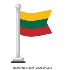 Mini bandeira da Lituânia acenando no polo isolado no fundo branco. Ilustração de vetor de estilo plano, arquivo EPS editável ou escalonável, para elemento de design de ícone, símbolo ou gráfico para impressão