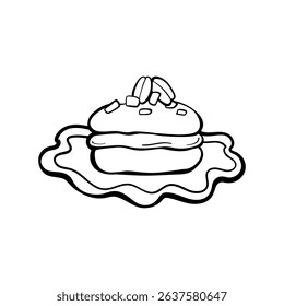 Mini macaron in simple hand drawn doodle style. Sweet pastry outline icon. Cute minimalist doodle vector illustration. Great for dessert packaging, cafe menus, and sweet branding.