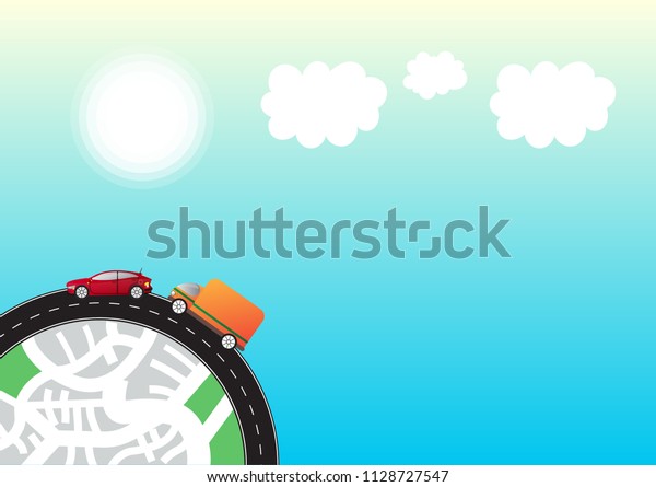 mini map, road and vehicles, sun and cloud on\
the sky, space background
