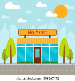 Mini market building on city background. EPS10 vector illustration in flat style.