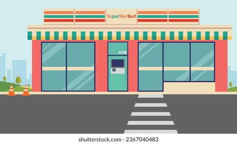 Minitienda fachada en la calle con fondo de ciudad.Supermercado en ciudad con parque público natural.Ilustración vectorial de tienda plana