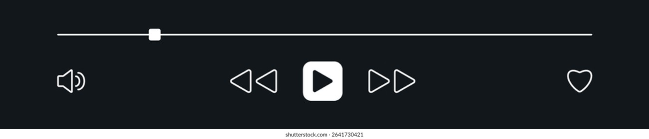 Mini media player interface for website. Dark theme playback screen. Minimalist ui display template. Control panel mockup with outline button with editable stroke. Line simple icon on black background