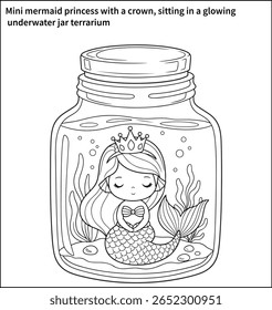 Mini mermaid princess with a crown, sitting in a glowing underwater jar terrarium.