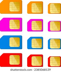 Mini, micro, nano sim card in red, blue, pink, orange color. Vector illustration. EPS 10.