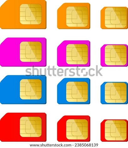 Mini, micro, nano sim card in red, blue, pink, orange color. Vector illustration. EPS 10.