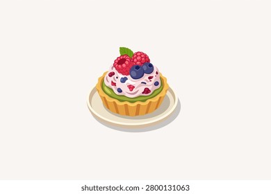Mini Mixed Berry Tart with Raspberry Blueberry and Matcha Cream Vector