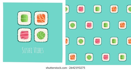Mini norimaki rolls cartoon seamless pattern. Traditional Asian Japanese food boundless background. Sushi salmon and tuna. Seafood endless vector design paper print fabric wrapper backdrop template