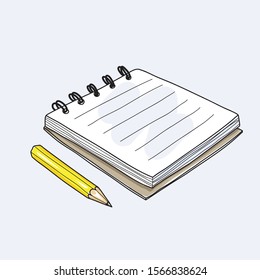 mini notebook and yellow pencil hand drawn art vector illustration